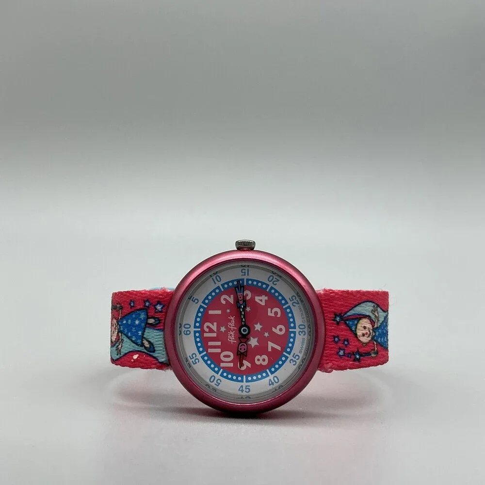 Flik Flak Girls Watch 29mm Pink Blue Dial Fairy Fabric Strap Swiss New Battery